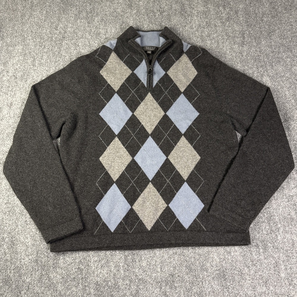 Giasone Cashmere Sweater Men's Large 1/4 Zip Long Sleeve Diamond Argyle Gray